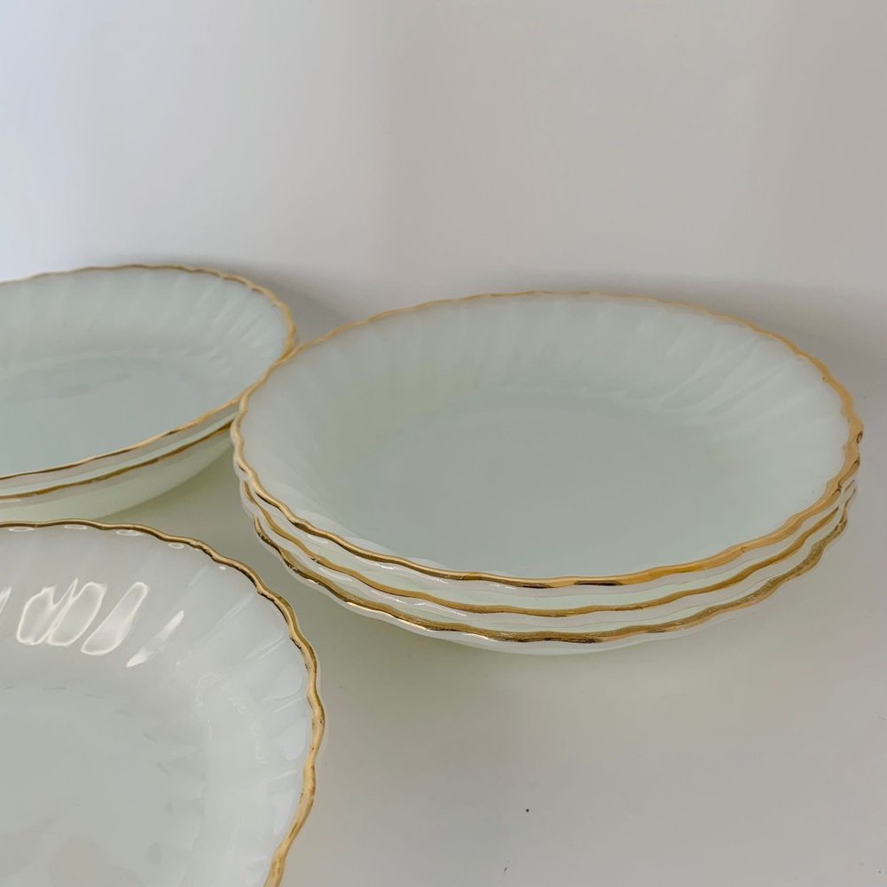 Vintage Swirl Golden Shell Lustre Coupe Soup Bowls / Salad Plates by Fire King